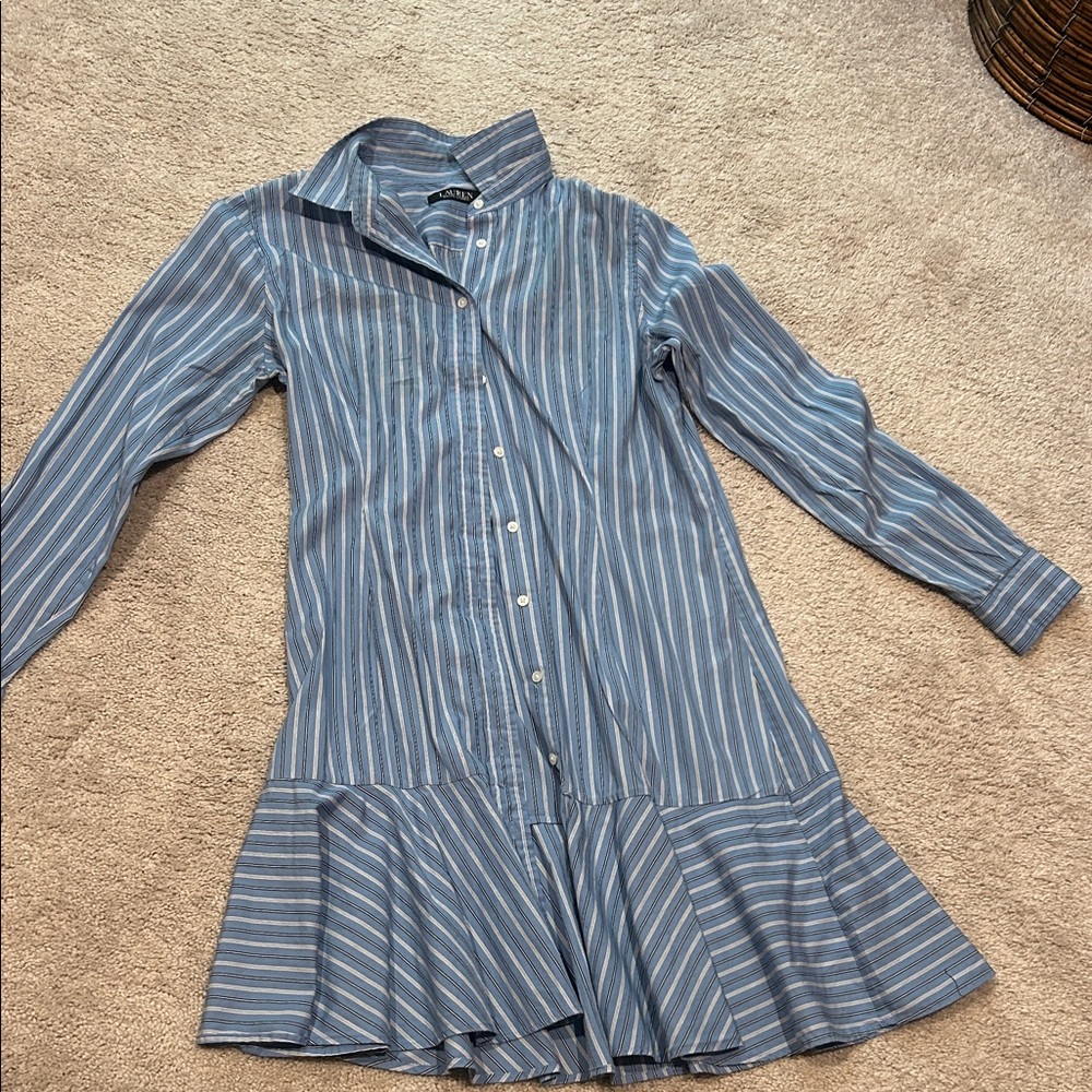 Lauren by Ralph Lauren Blue and White Striped Dress Shirt
